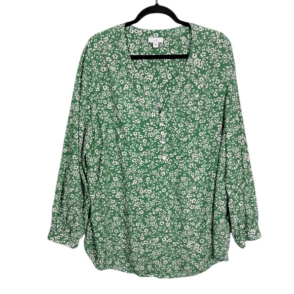 J. Jill Tops - J. Jill Womens Sz 2X Floral Print Popover Blouse Green Office Flowy Long Sleeve